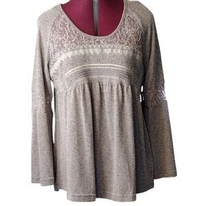 NWOT baby doll smock sheer embroidered lace round neckline Bell sleeves tunic